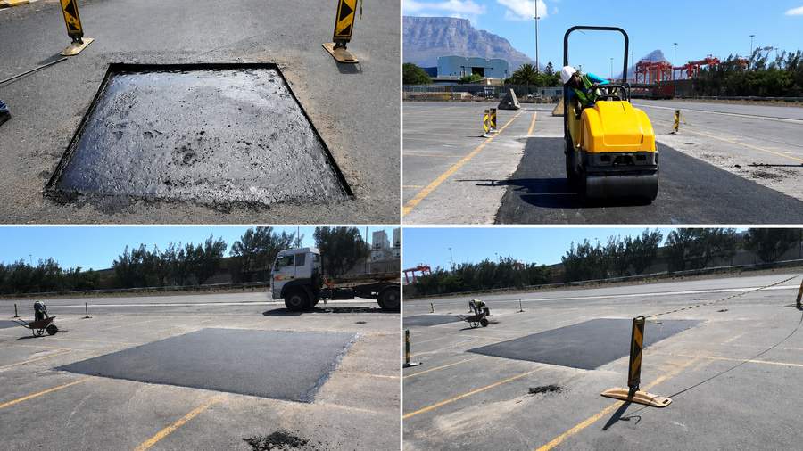 Four stages of an asphalt patch repair from tack coat to rolled finish